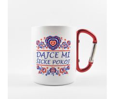Biely nerezový hrnček s karabínou Dajce mi šicke pokoj